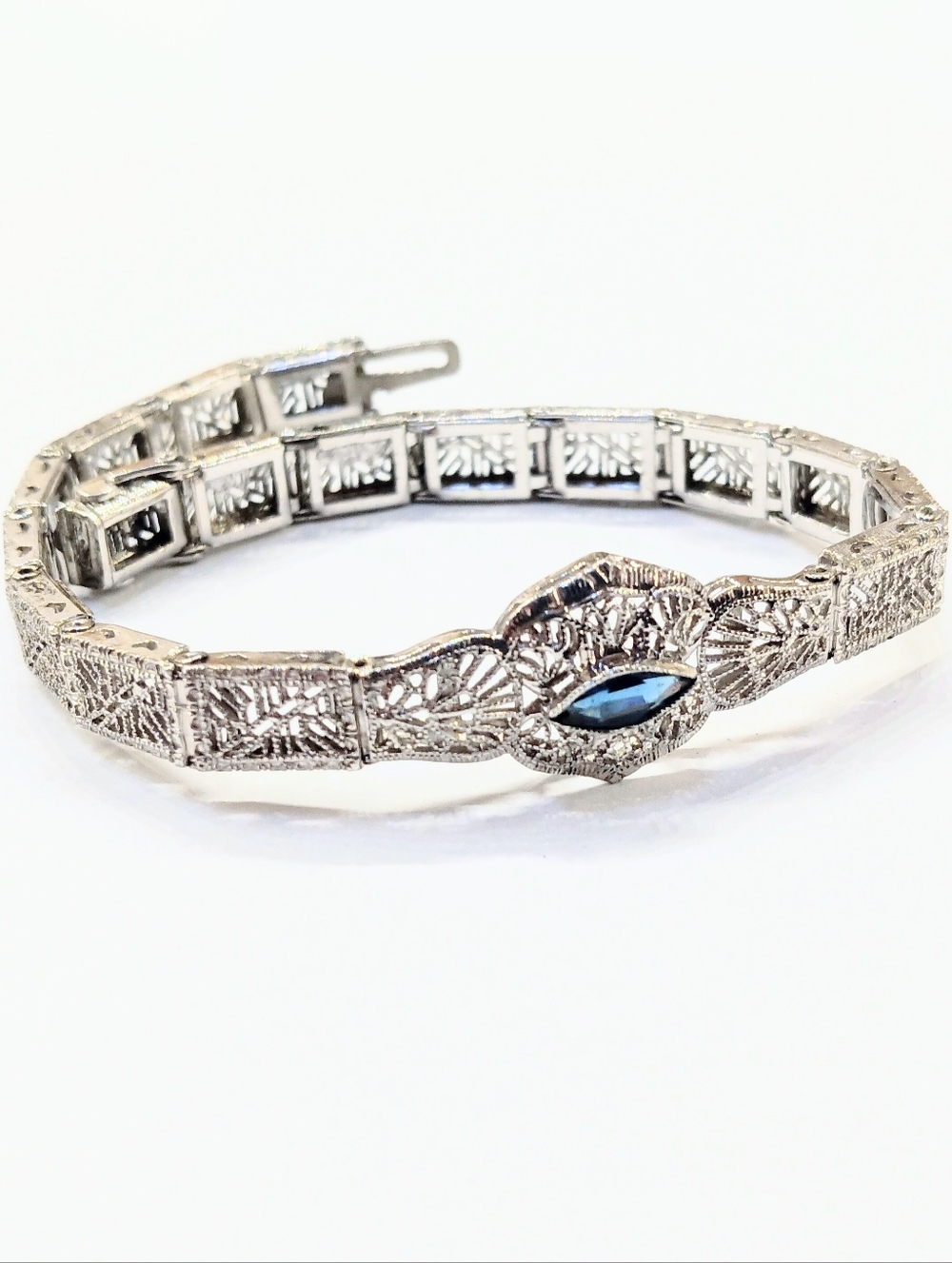 Vintage Sterling Bracelet Sapphire Man Made Art Deco Style - Picture 4 of 8